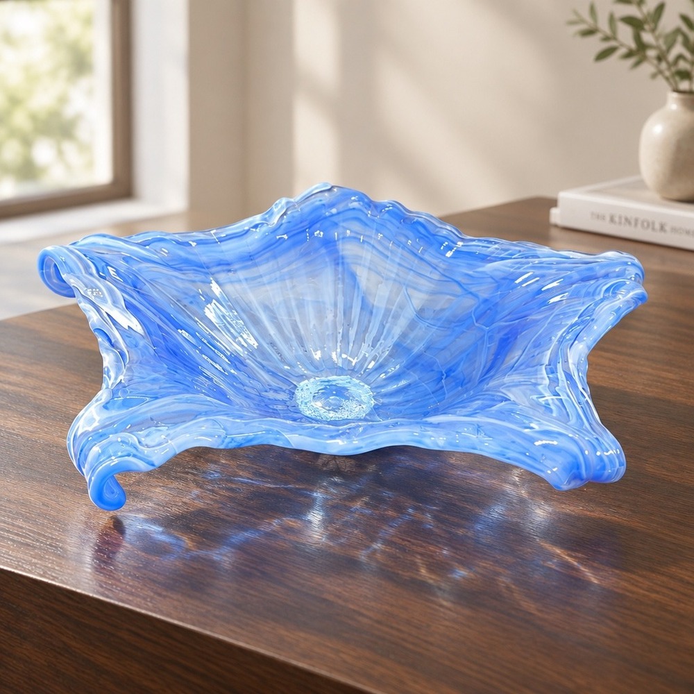 Vietri Onda Mouthblown Glass Centerpiece 18" Blue White Swirl Italian Art Glass